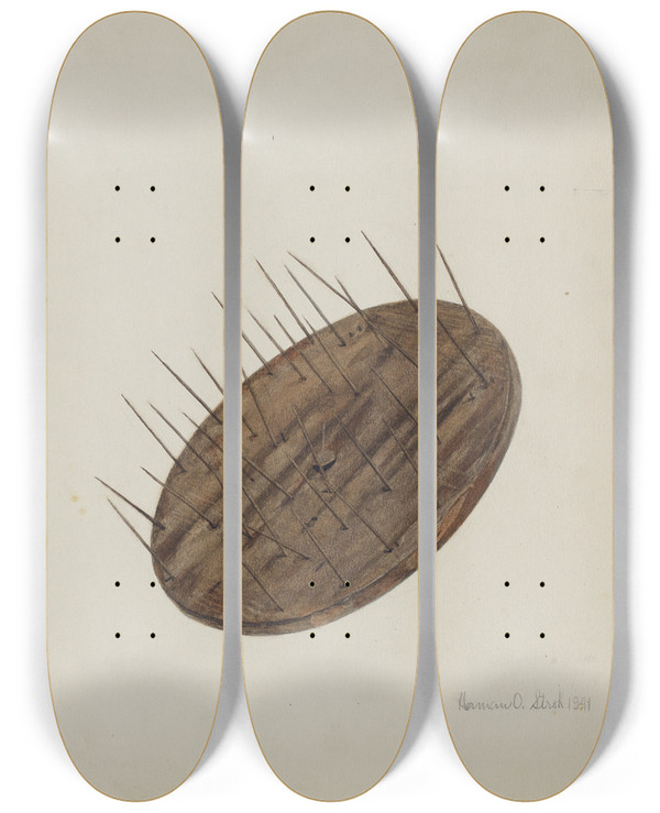 Triptych art skateboard deck of Herman O Stroh Apothecarys Pill Coater by Herman O Stroh