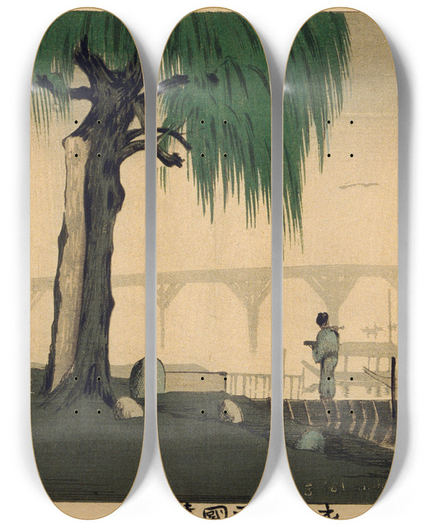 Triptych art skateboard deck of Kobayashi Kiyochika Distant View Of Rygoku From Motoyanagi Bridge by Kobayashi Kiyochika (1847-1915)