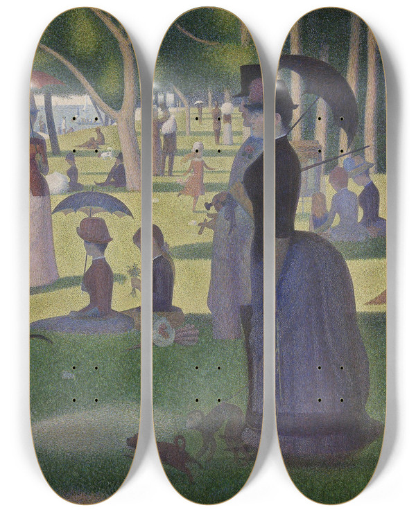 Triptych art skateboard deck of Georges Seurat A Sunday On La Grande Jatte by Georges Seurat (1859-1891)