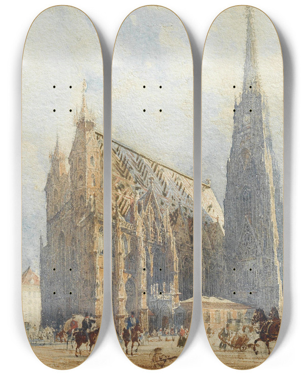 Triptych art skateboard deck of Rudolf Von Alt Stephansplatz by Rudolf Von Alt (1812-1905)