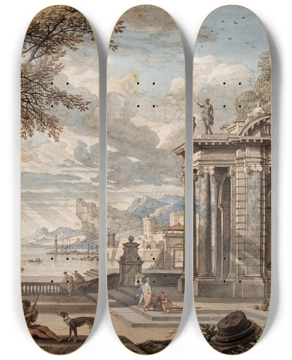 Triptych art skateboard deck of Isaac De Moucheron Arcadisch Landschap by Isaac de Moucheron (1667-1744)