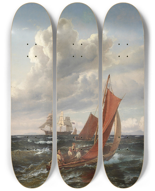 Triptych art skateboard deck of Carl Frederik Srensen Sejlskibe Og Fiskerbd I Sundet Ud For Kronborg by Carl Frederik Sorensen (1818-1879)