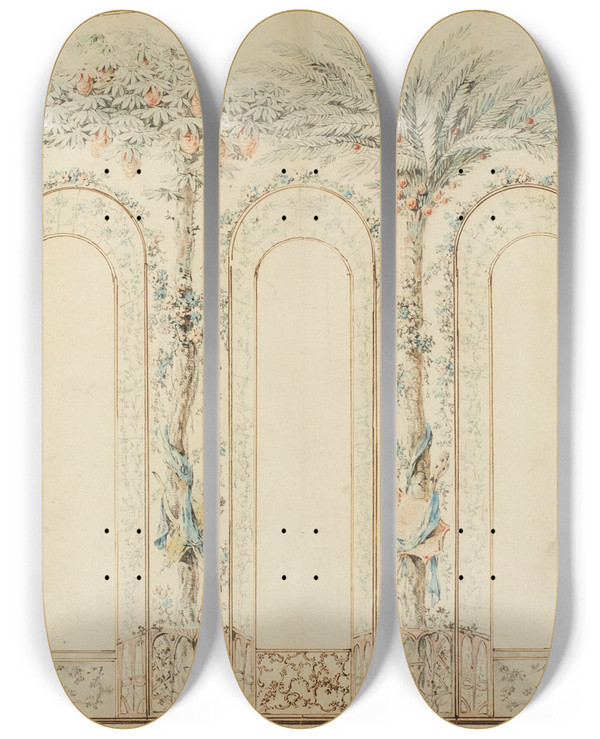 Triptych art skateboard deck of Jeanbaptiste Pillement Chinoiserie Wall Design by Jean-Baptiste Pillement (1728-1808)