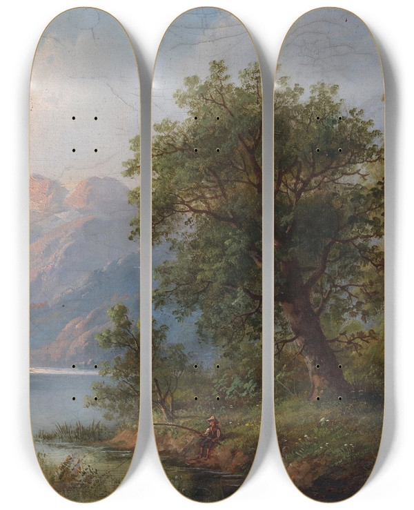 Triptych art skateboard deck of Eduard Boehm Landschaft In De Steiermark by Eduard Boehm (1830-1890)