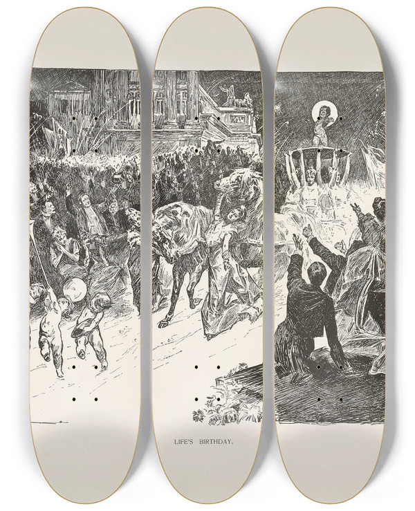 Triptych art skateboard deck of Charles Dana Gibson Lifes Birthday by Charles Dana Gibson (1867-1944)