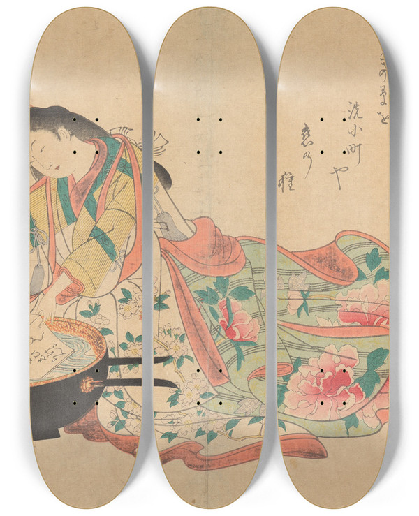 Triptych art skateboard deck of Okumura Masanobu The Letter by Okumura Masanobu (1686-1764)