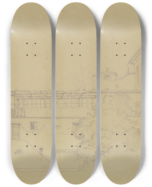 Triptych art skateboard deck of Nikolaus Hoff Aussicht Aus Dem Fenster Der Unterkunft Des Knstlers Im Hause Bianchemi Cecarelli In Rom by Nikolaus Hoff (1798-1873)