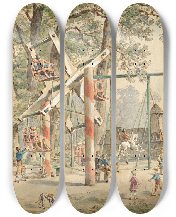 Triptych art skateboard deck of Gustav Zafaurek Haspel Und Schaukel Im Wurstelprater In Wien by Gustav Zafaurek (1841-1908)