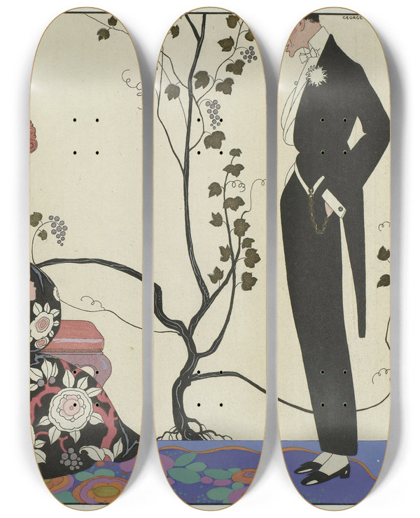 Triptych art skateboard deck of George Barbier Le Grand Decolletage by George Barbier (1882-1932)