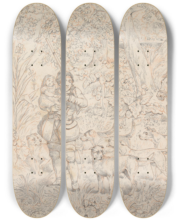 Triptych art skateboard deck of Henry Thomas Alken Sporting Incidents Drawing For The Softground Etching Of Through The Wood by Henry Thomas Alken (1785-1851)