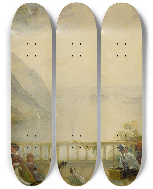 Triptych art skateboard deck of Thomas Creswick Figures On A Balcony Probably At Westpoint by Thomas Creswick (1811-1869)