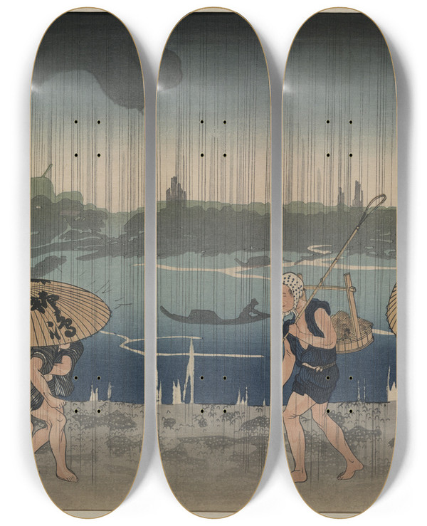 Triptych art skateboard deck of Utagawa Kuniyoshi People Walking Beneath Umbrellas Along The Seashore During A Rainstorm by Utagawa Kuniyoshi (1797-1861)