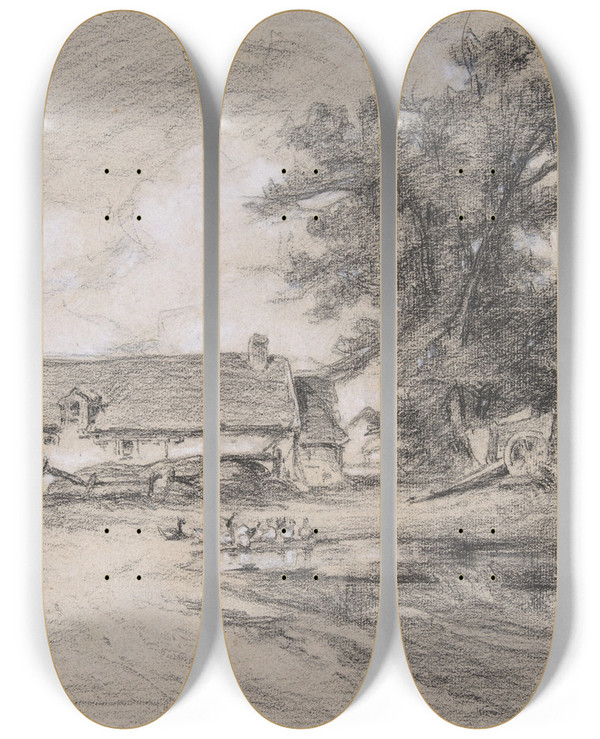 Triptych art skateboard deck of Jules Dupr Farmyard With Ducks by Jules Dupre (1811-1889)