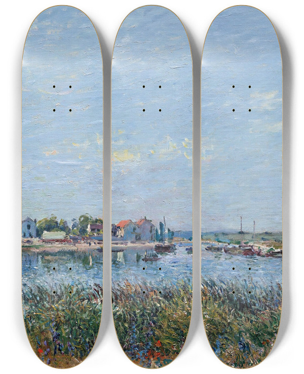 Triptych art skateboard deck of Alfred Sisley Saintmamms Le Matin by Alfred Sisley (1840-1899)