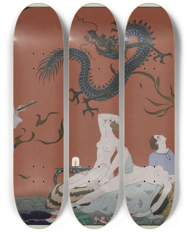 Triptych art skateboard deck of George Barbier Chez La Marchande De Pavots by George Barbier (1882-1932)