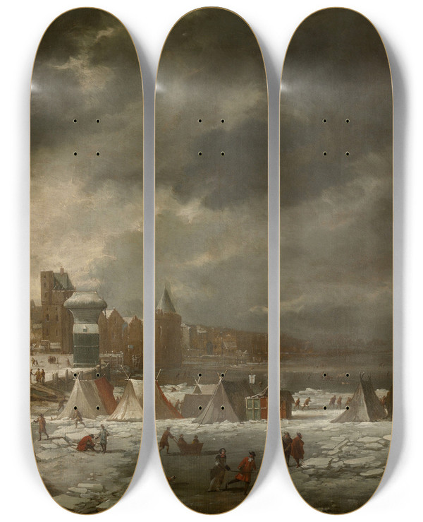 Triptych art skateboard deck of Jan Peeters The Elder The Frozen Scheldt In Antwerp by Jan Peeters the elder (1624-1677)