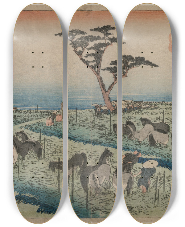 Triptych art skateboard deck of And Hiroshige The Fiftythree Stations Of The Tokaido Chiryu by Ando Hiroshige (1797-1858)