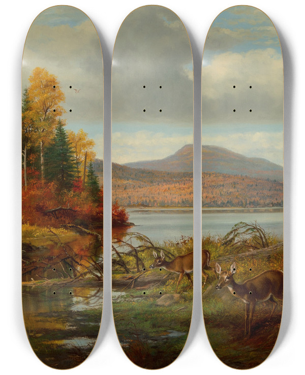 Triptych art skateboard deck of Arthur Fitzwilliam Tait Late Autumn Long Lake Hamilton Co New York Adirondacks by Arthur Fitzwilliam Tait (1819-1905)