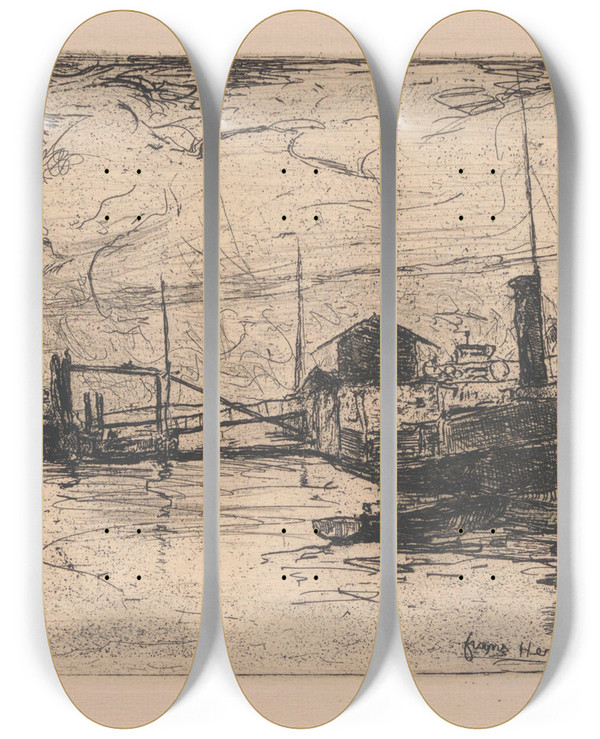 Triptych art skateboard deck of Frans Hens Quayside View by Frans Hens (1856-1928)