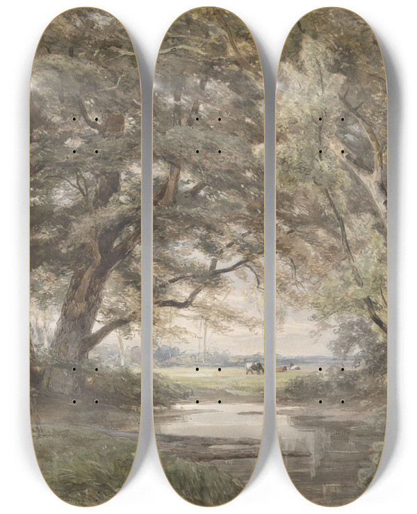 Triptych art skateboard deck of Jan Willem Van Borselen Watertje Onder Bomen Aan Het Einde Van Een Bos by Jan Willem van Borselen (1825-1892)
