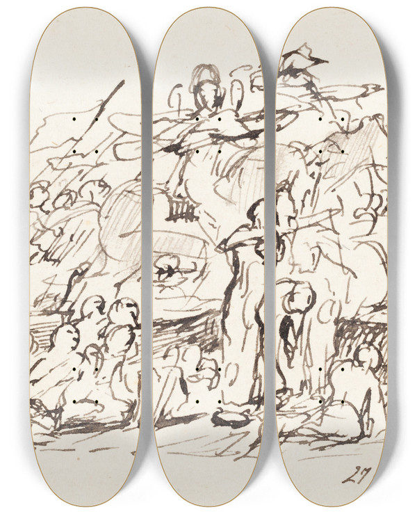 Triptych art skateboard deck of Sir David Wilkie Battle Scene by Sir David Wilkie (1785-1841)