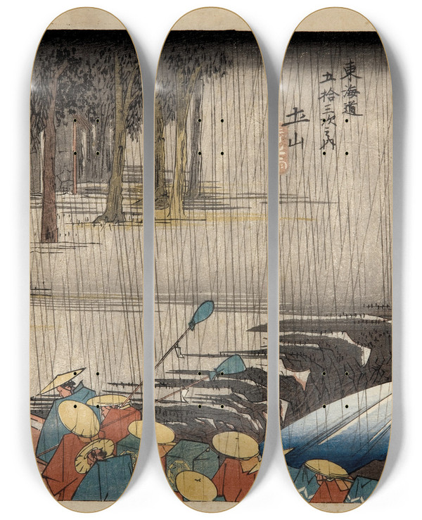 Triptych art skateboard deck of Utagawa Hiroshige Tsuchiyama Spring Rain Tsuchiyama Haru No Ame by Utagawa Hiroshige