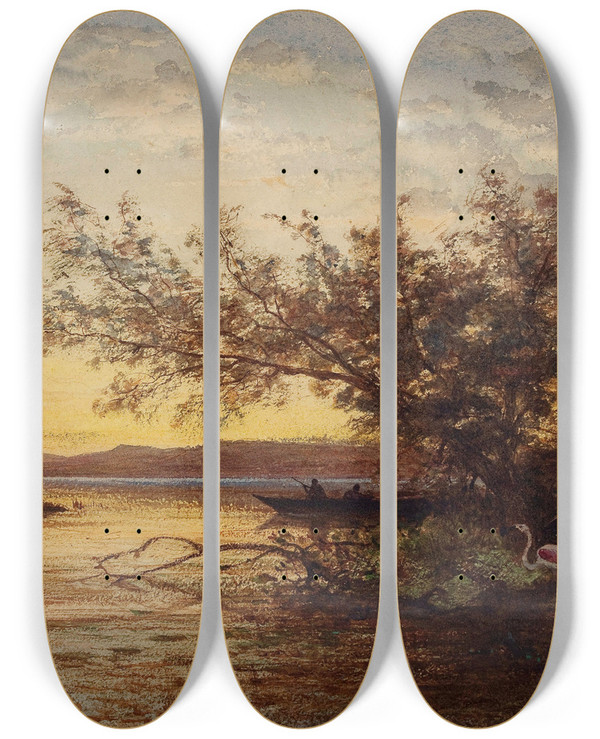 Triptych art skateboard deck of Flix Ziem La Camargue Coucher De Soleil by Felix Ziem (1821-1911)