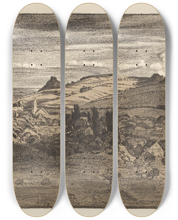 Triptych art skateboard deck of Gustav Kampmann Im Hegau by Gustav Kampmann (1859-1917)
