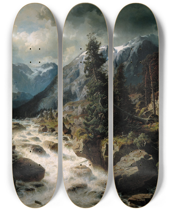 Triptych art skateboard deck of Edvard Bergh Landscape With Waterfall From The Canton Of Uri Switzerland by Edvard Bergh (1828-1880)