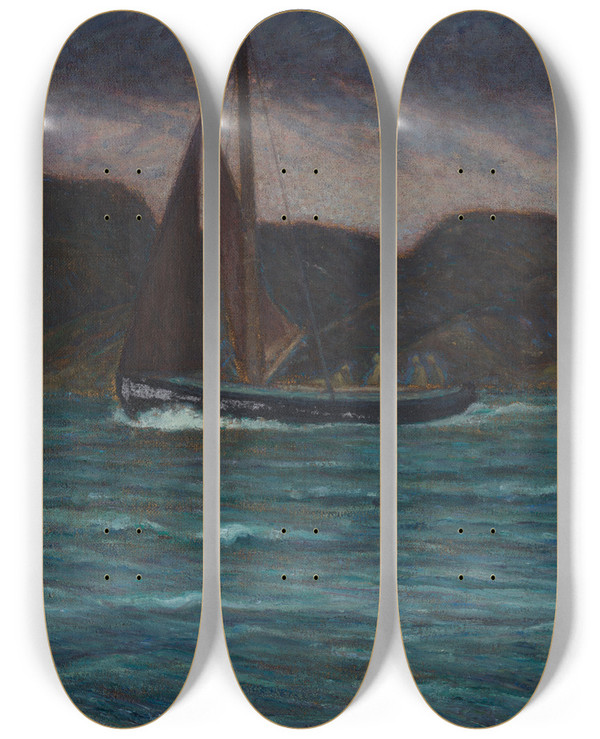 Triptych art skateboard deck of Karl Nordstrm Fishing Boat In Storm by Karl Nordstrom (1855-1923)