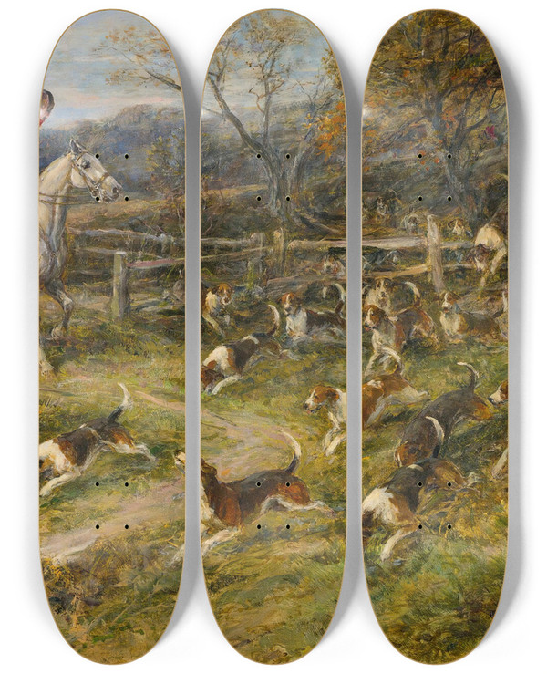 Triptych art skateboard deck of Heywood Hardy Breaking Cover by Heywood Hardy (1842-1933)