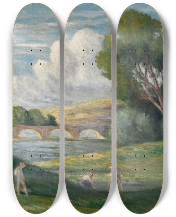 Triptych art skateboard deck of Maximilien Luce Rolleboise Baigneurs Prs Du Bras De Seine by Maximilien Luce (1858-1941)