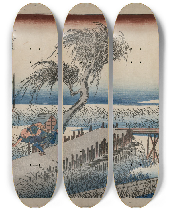 Triptych art skateboard deck of And Hiroshige Yokkaichi View Of The Mie River From The Series The Fiftythree Stations Of The Tkaid by Ando Hiroshige (1797-1858)