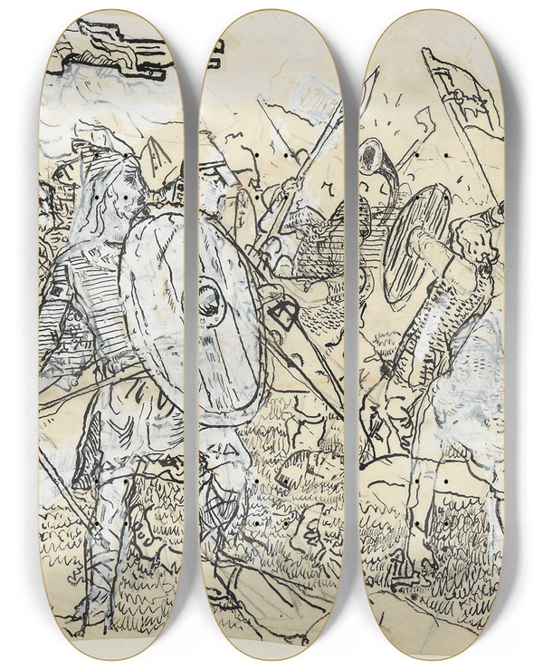 Triptych art skateboard deck of Christian Krohg Forarbeid Til Snorre Sturlason Kongesagaer Kristiania 1899 by Christian Krohg (1852-1925)