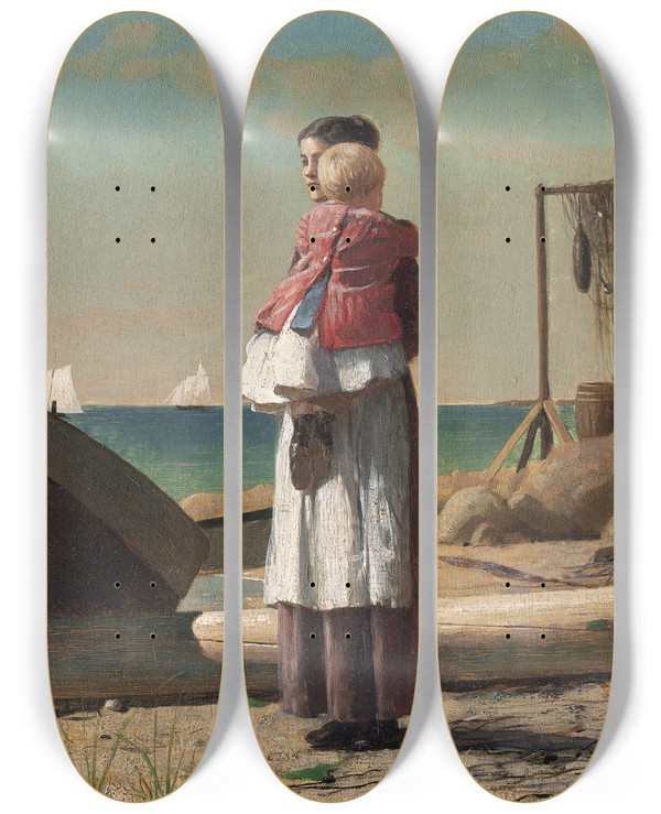 Triptych art skateboard deck of Winslow Homer Dads Coming by Winslow Homer (1836-1910)