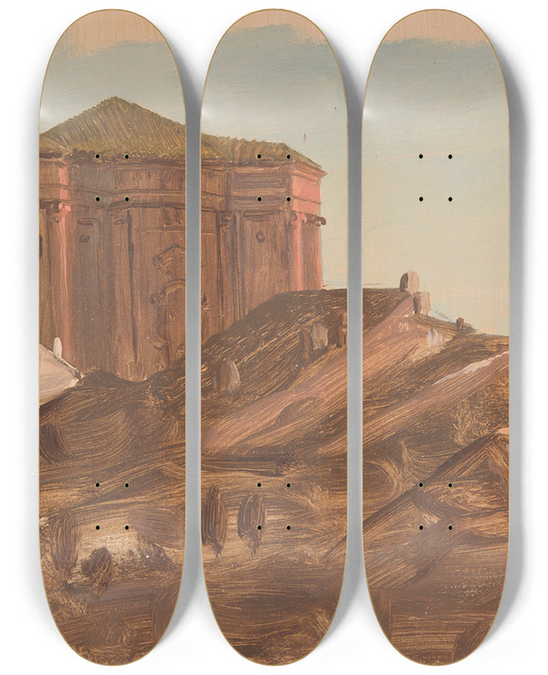 Triptych art skateboard deck of Frederic Edwin Church Rooftops Near Santandrea Delle Fratte From The Pincio Rome by Frederic Edwin Church (1826-1900)