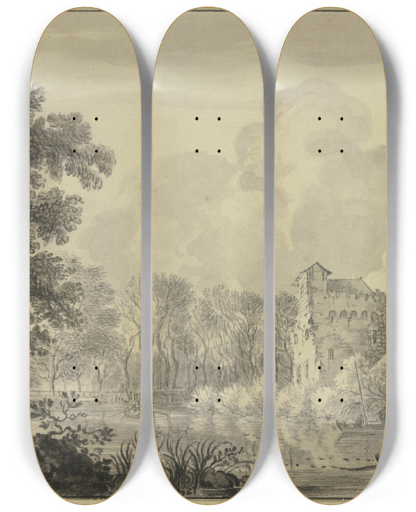 Triptych art skateboard deck of Aernout Ter Himpel Ruine Eines Alten Turmes An Einem Wasser Auf Welchem Mehrere Fischerkne Sind by Aernout Ter Himpel (1634-1686)