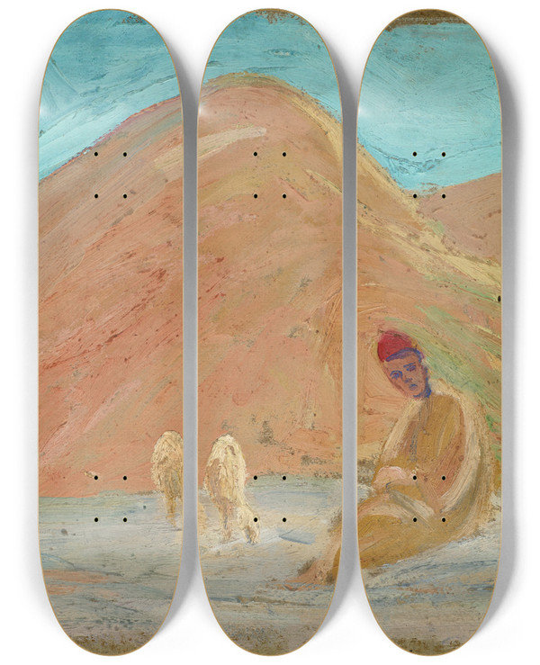 Triptych art skateboard deck of Ernst Schiess Shepherd With Two Sheep by Ernst Schiess (1872-1919)