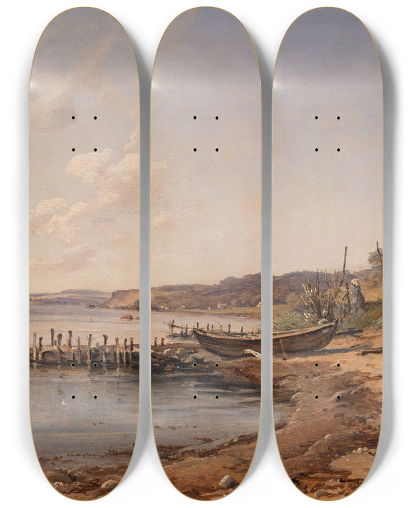 Triptych art skateboard deck of Vilhelm Petersen A Beach By The Sound by Vilhelm Petersen (1812-1880)
