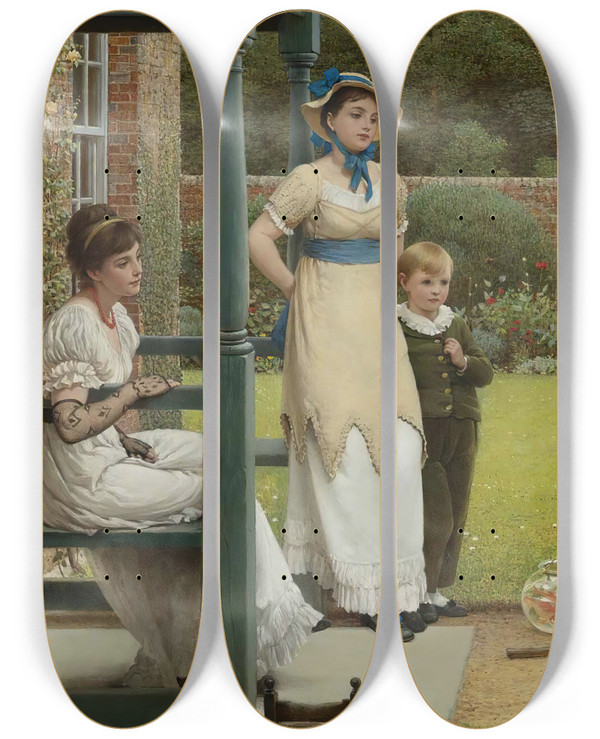 Triptych art skateboard deck of George Dunlop Leslie The Goldfish Seller by George Dunlop Leslie (1835-1921)