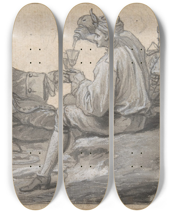 Triptych art skateboard deck of Claude Simpol A Picnic Party by Claude Simpol (1666-1716)