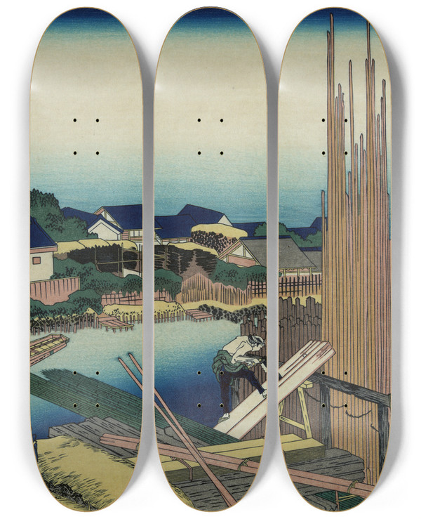 Triptych art skateboard deck of Katsushika Hokusai Honjo Tatekawa by Katsushika Hokusai (1760-1849)