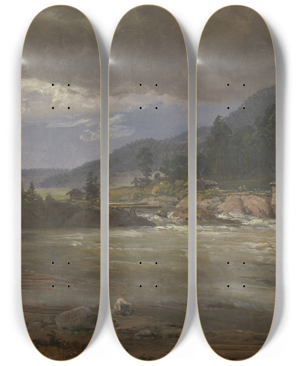 Triptych art skateboard deck of Johan Christian Dahl Hellefossen Near Hokksund by Johan Christian Dahl (1788-1857)