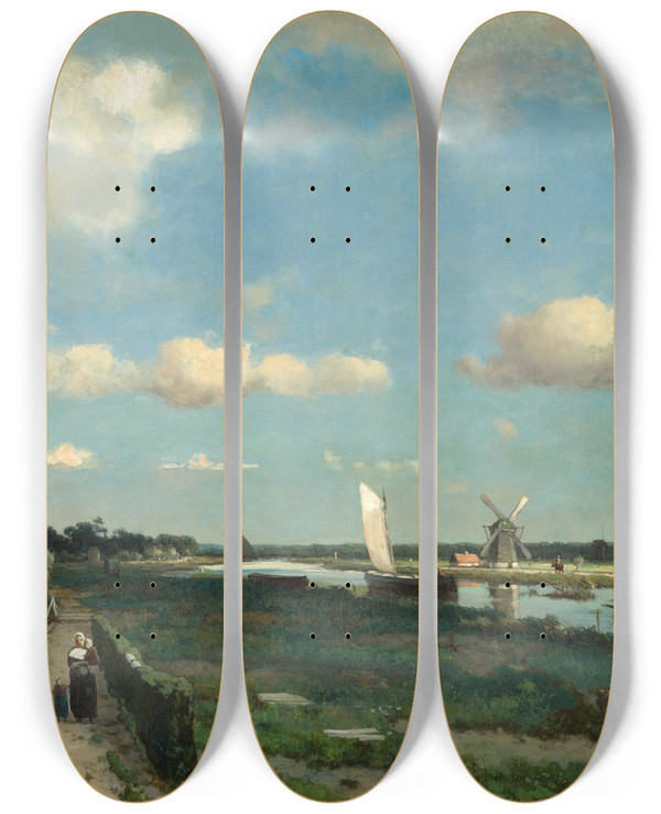 Triptych art skateboard deck of Johan Hendrik Weissenbruch The Trekvliet by Johan Hendrik Weissenbruch (1824-1903)