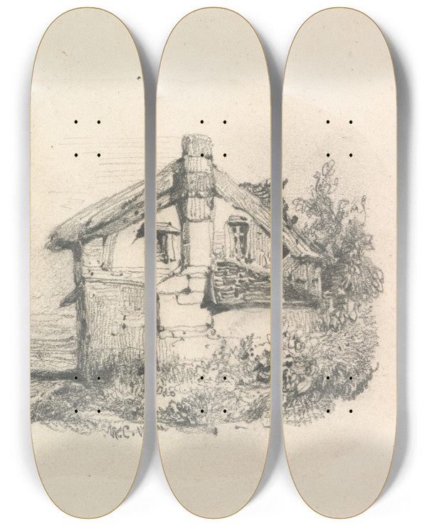 Triptych art skateboard deck of William Callow Cottage In A Landscape by William Callow (1812-1908)