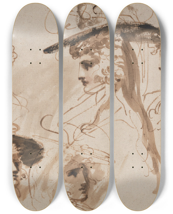 Triptych art skateboard deck of George Romney Studies For The Head Of A Lady Studies Of A Womans Head by George Romney (1734-1802)