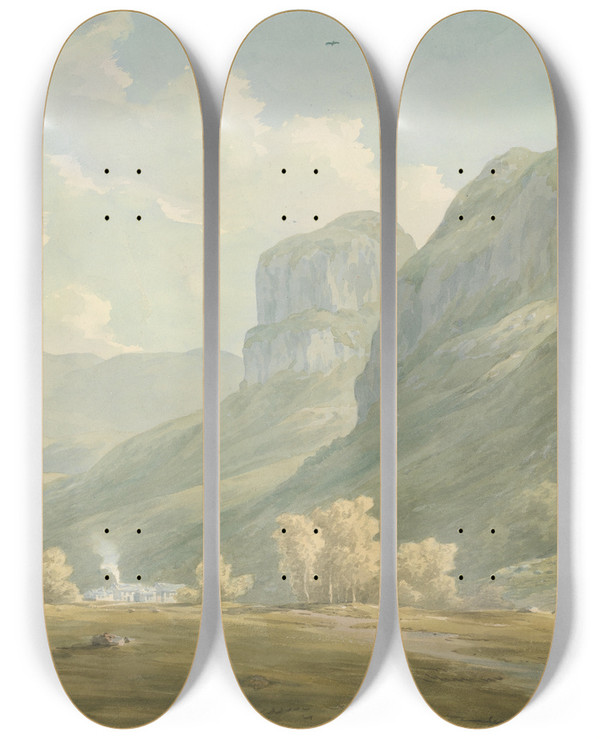 Triptych art skateboard deck of John Warwick Smith Village Of Stonethwaite And Eagle Cragg Borrowdale_2 by John Warwick Smith (1749-1831)