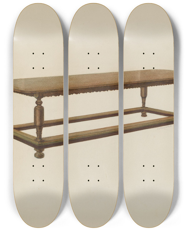 Triptych art skateboard deck of Austin L Davison Refectory Table by Austin L Davison