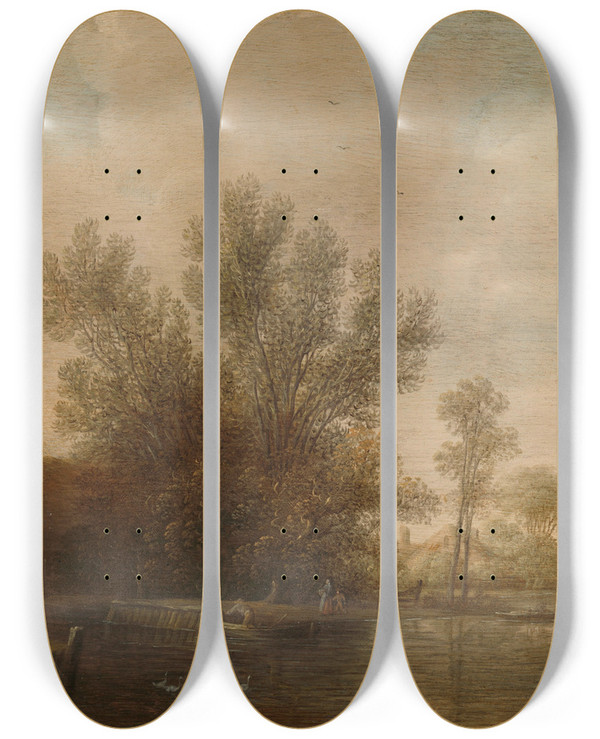 Triptych art skateboard deck of Pieter Jansz Van Asch River Landscape by Pieter Jansz Van Asch (1603-1678)