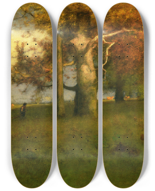 Triptych art skateboard deck of George Inness Early Autumn Montclair by George Inness (1825-1894)